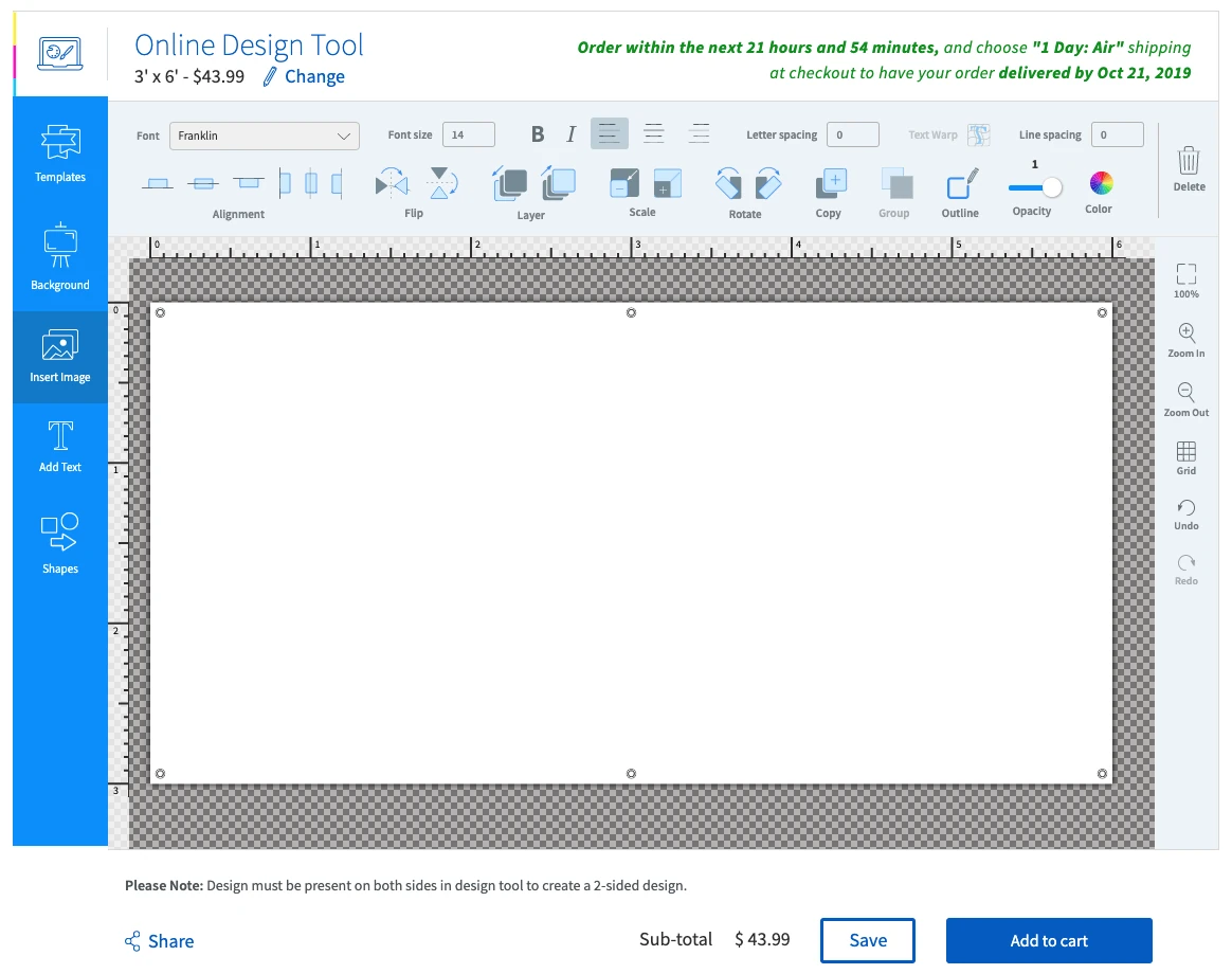 The eSigns online design tool: templates, background, image, text and shape tools on the left, formatting controls across the top, and the sign canvas with Save and Add to cart below