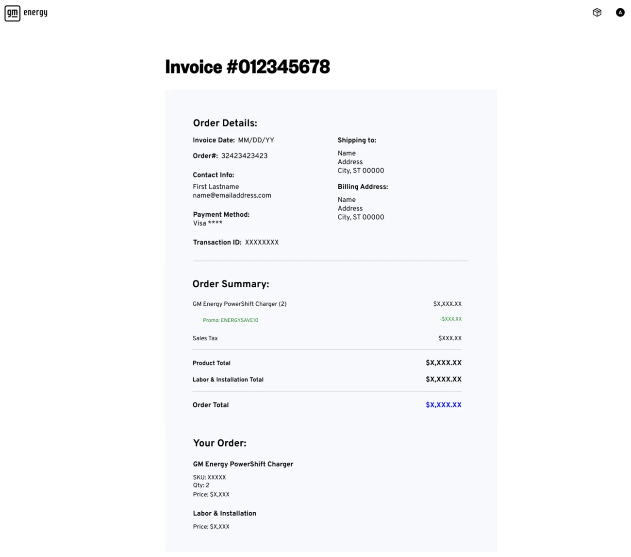 GM Energy invoice — card payment variant, with placeholder values
