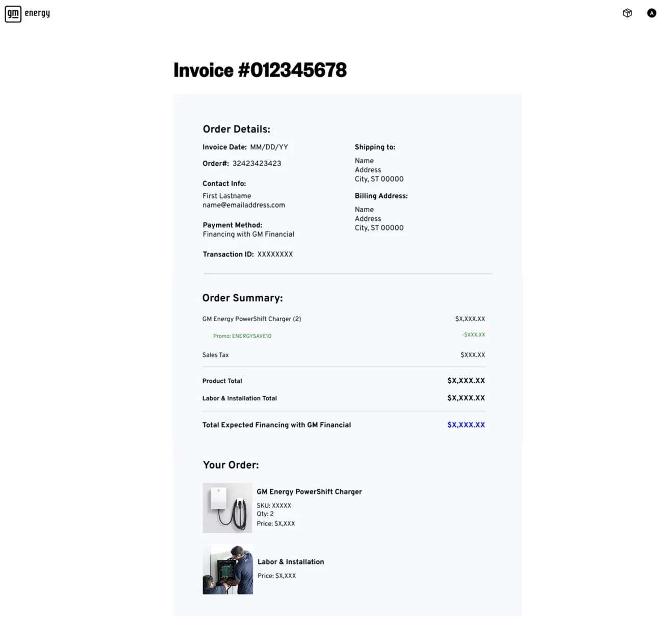 GM Energy invoice — financing variant, with placeholder values