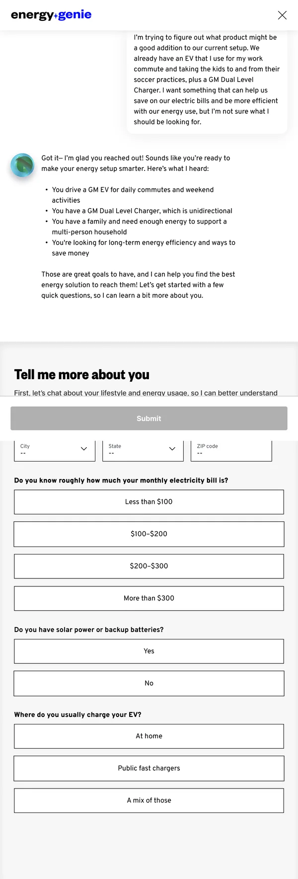 Energy Genie 2.0 flyout — the assistant reads back what it heard, then moves into structured questions