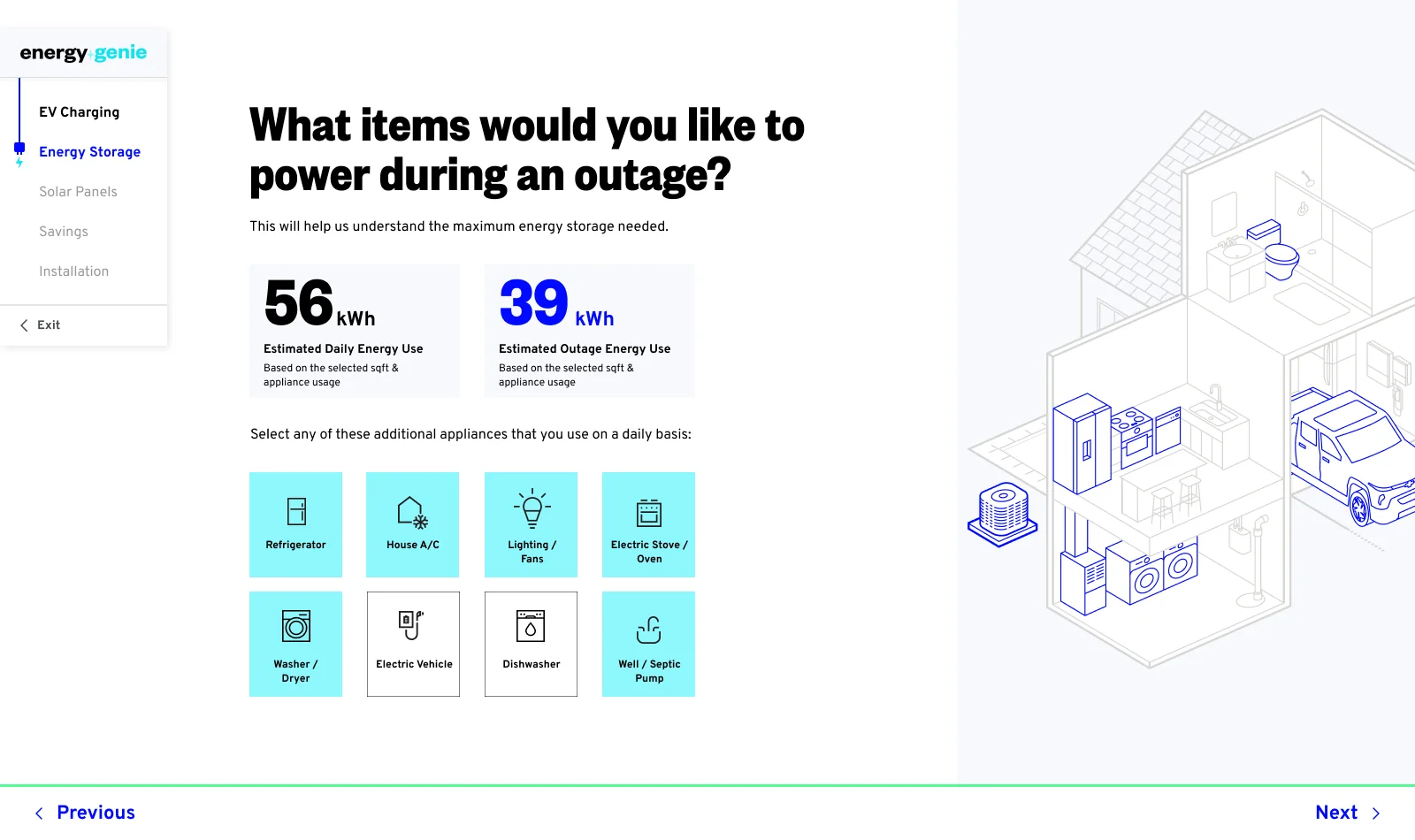 Energy Genie 1.0 survey step — selecting appliances to power during an outage, with live kWh estimates