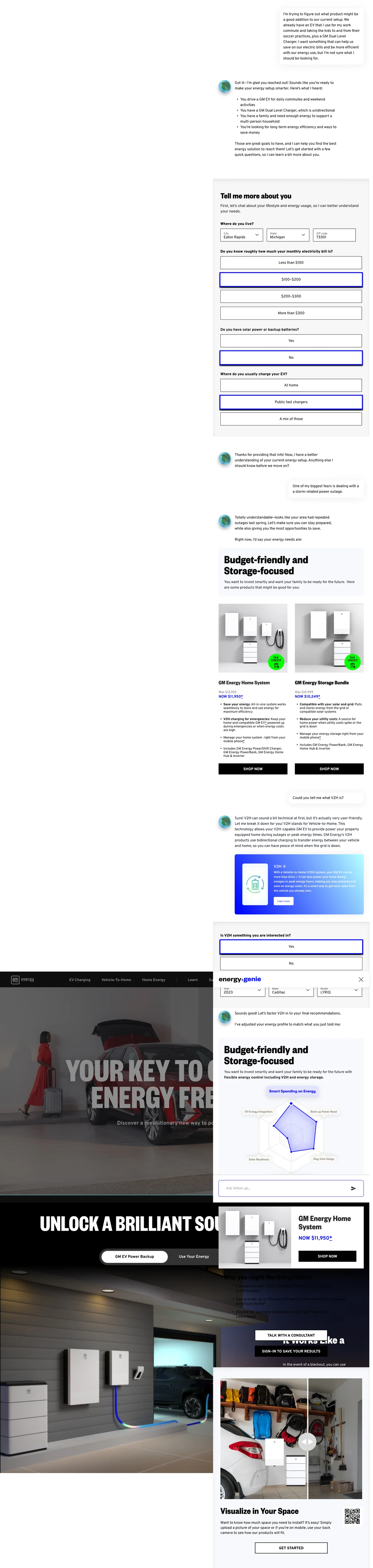 Genie 2.0 chat path, end to end — free-form question, read-back, structured details, two product options, a V2H explainer, and an energy profile chart