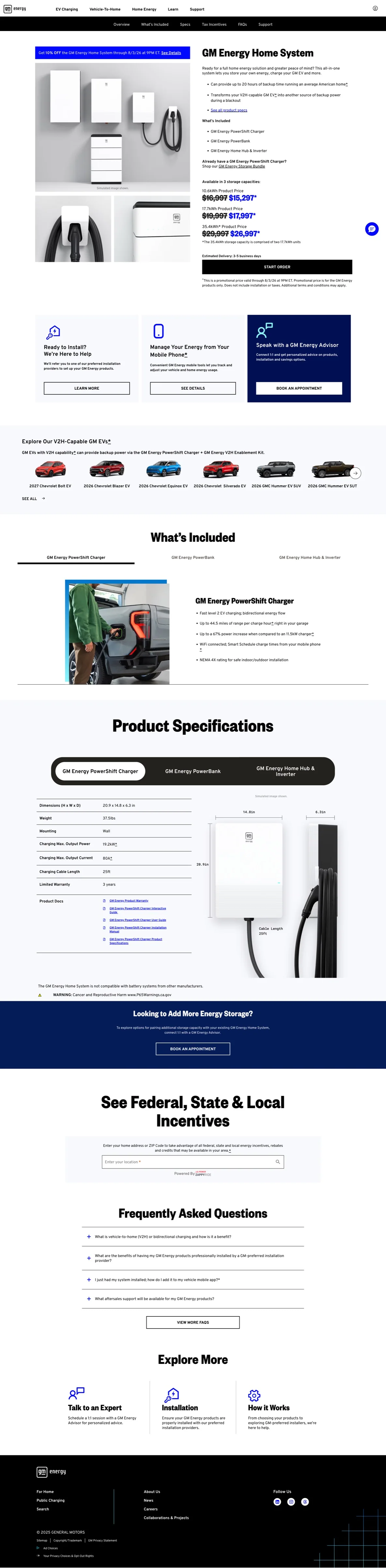 GM Energy Home System product page, live — full page