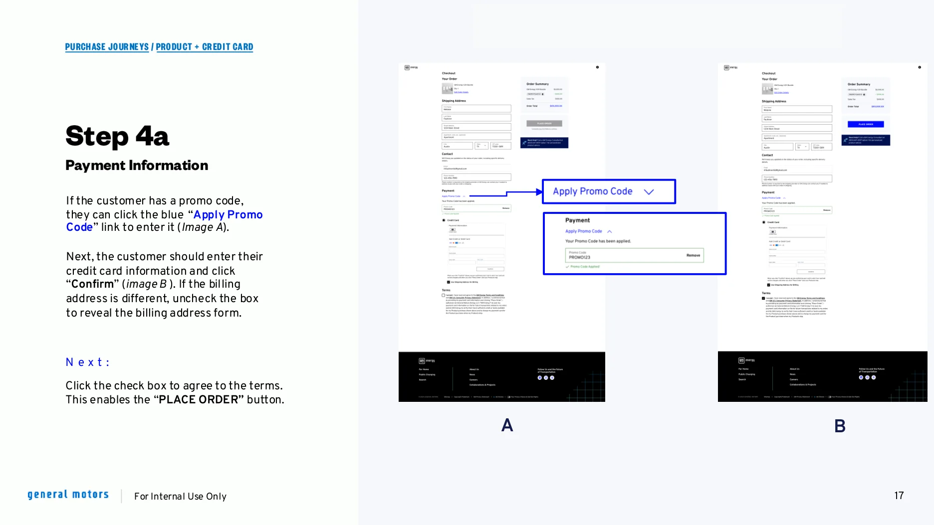 Sales guide page — Step 4a, Payment Information: entering a promo code and credit card details at checkout, annotated