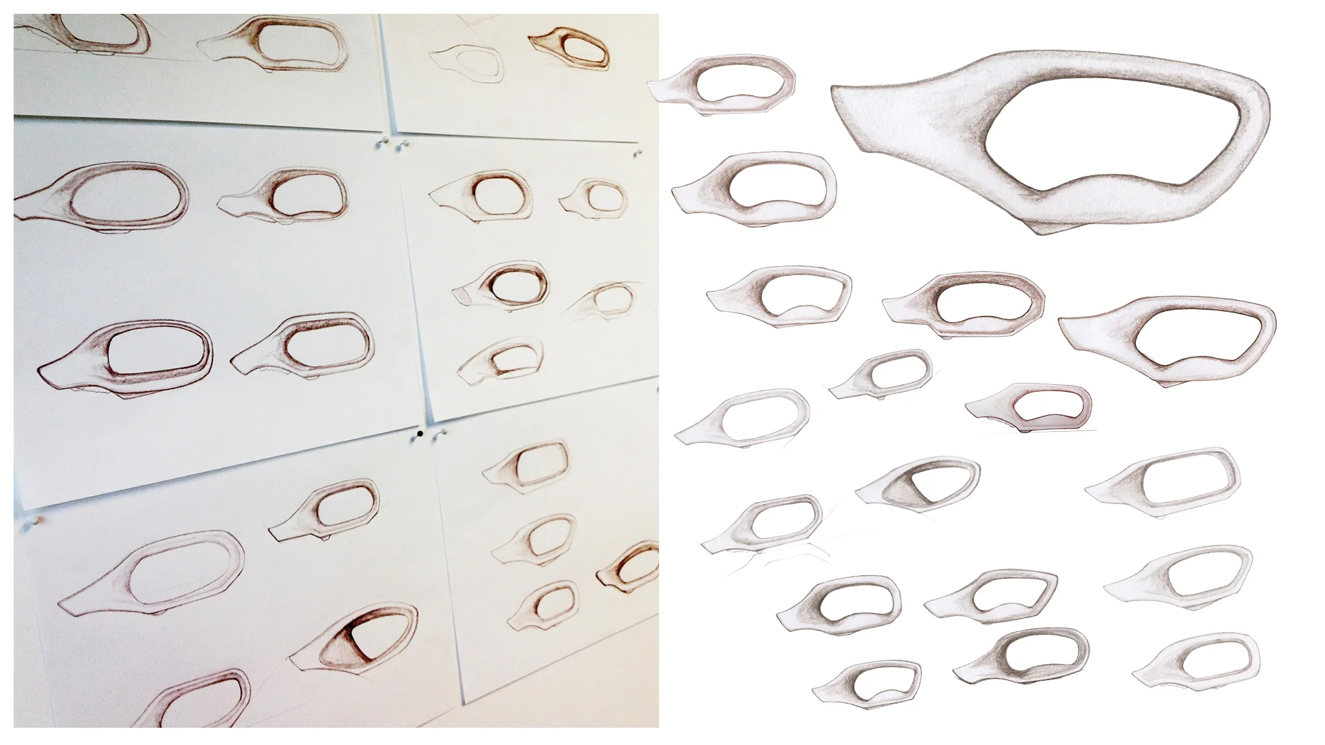 Pro Line handle sketch exploration — hand sketches compared against cleaned-up form studies