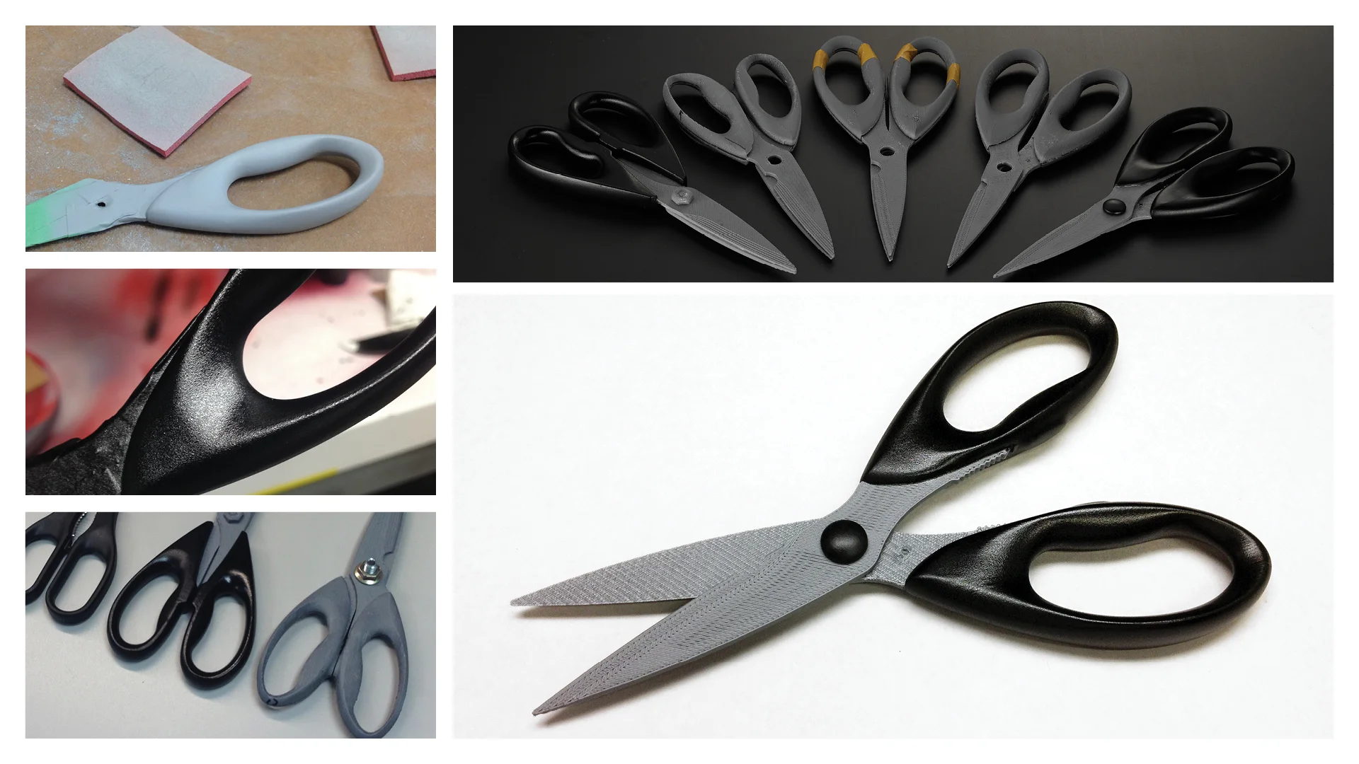Tesoura prototype evolution — sanded and hand-finished 3D-printed handles, compared side by side
