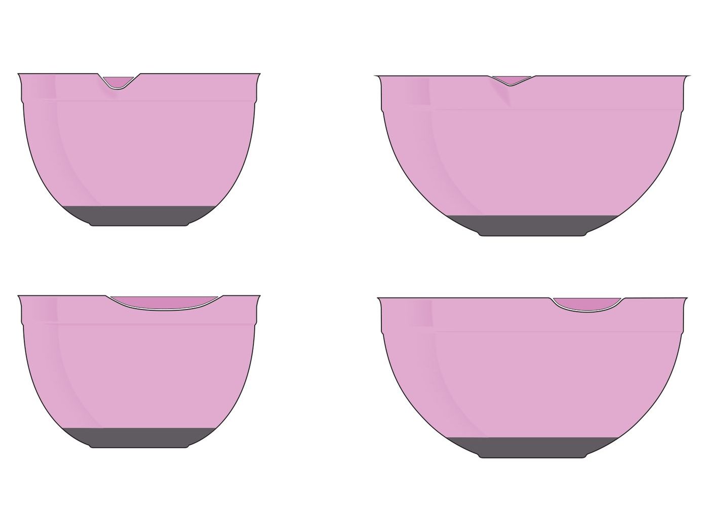 Refined concept silhouettes — four bowl profiles with pour spout and non-slip base