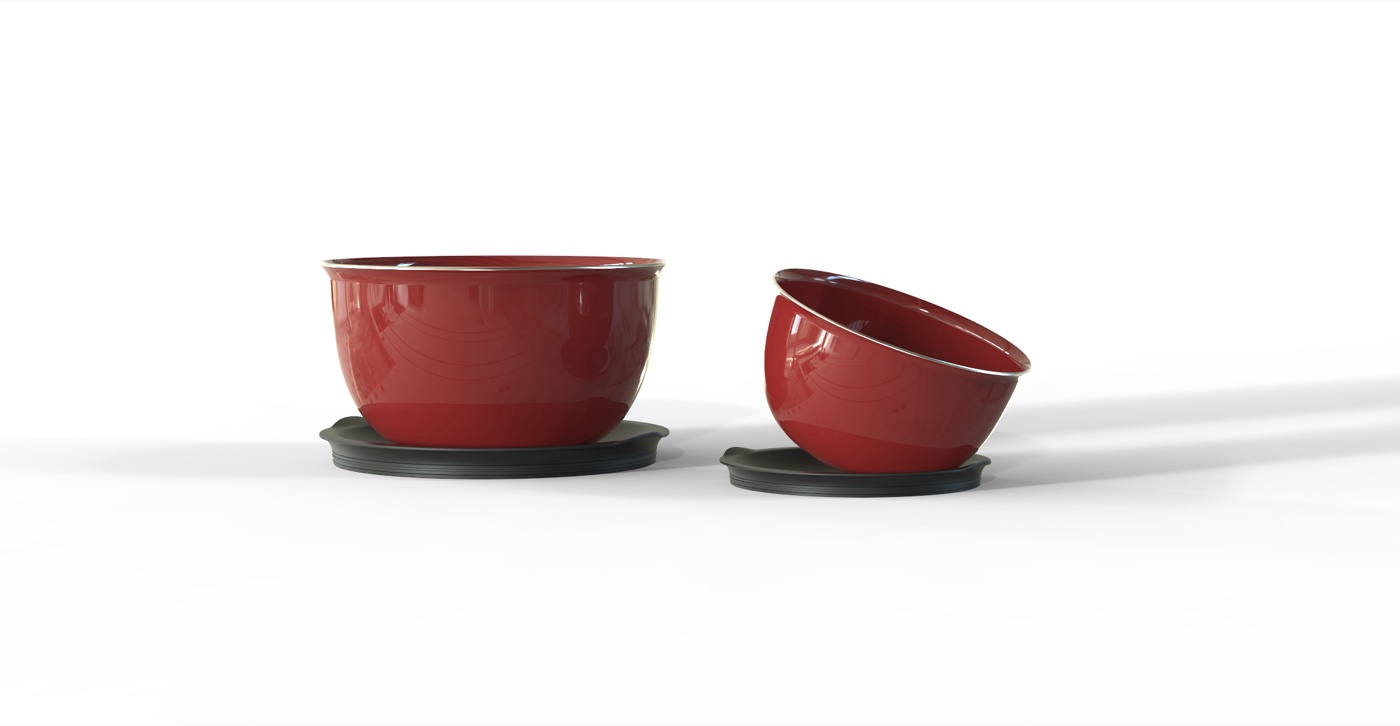Two bowls seated on their inverted lids, one upright and one tilted