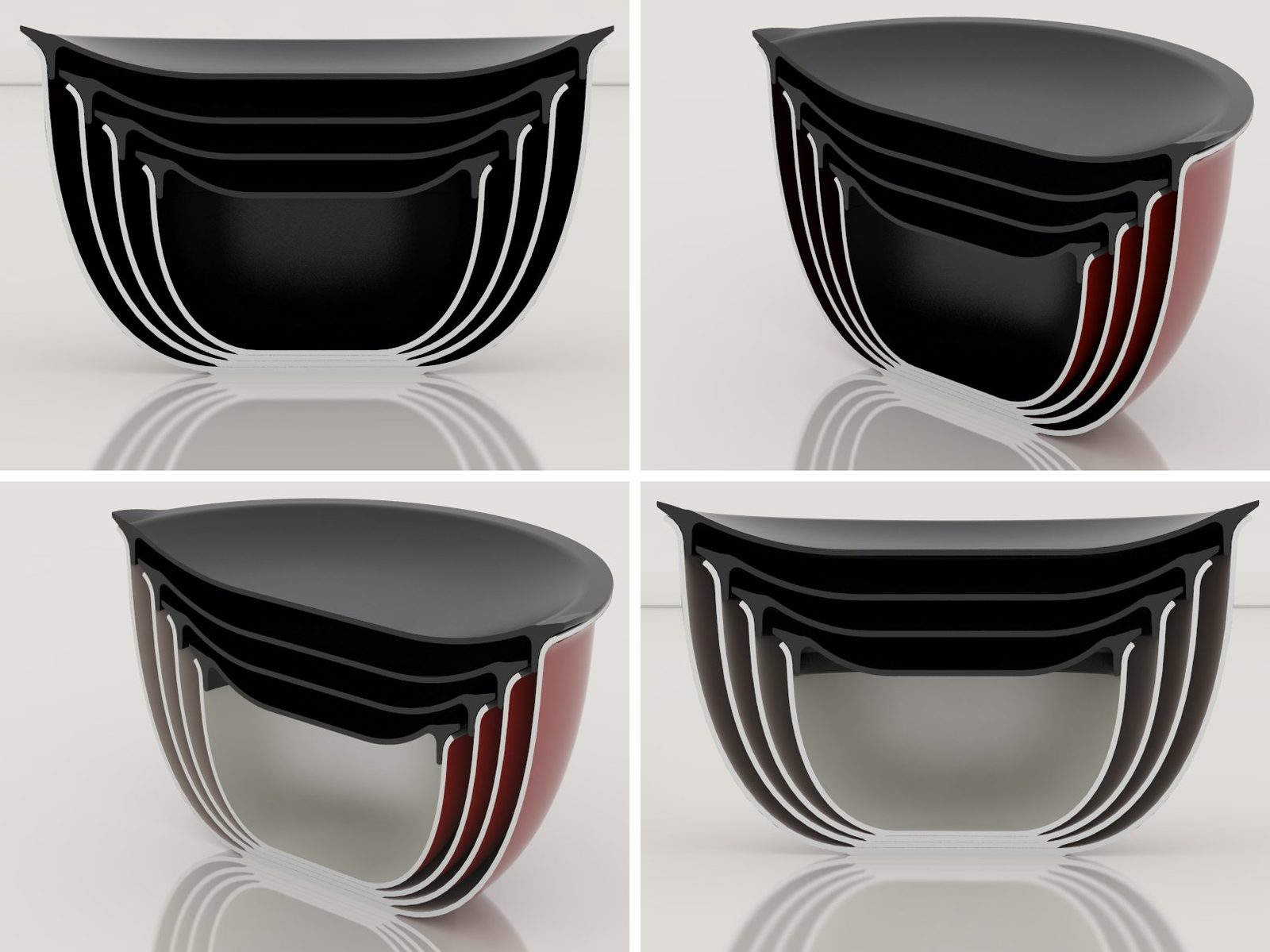 Four of five nesting geometry studies — CAD section views of the nested set