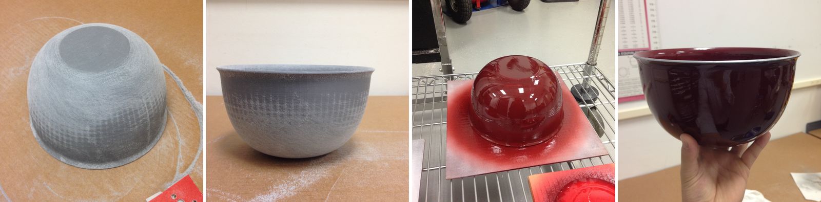 Bowl prototype sequence — 3D print sanded, primed, spray-painted, and held finished