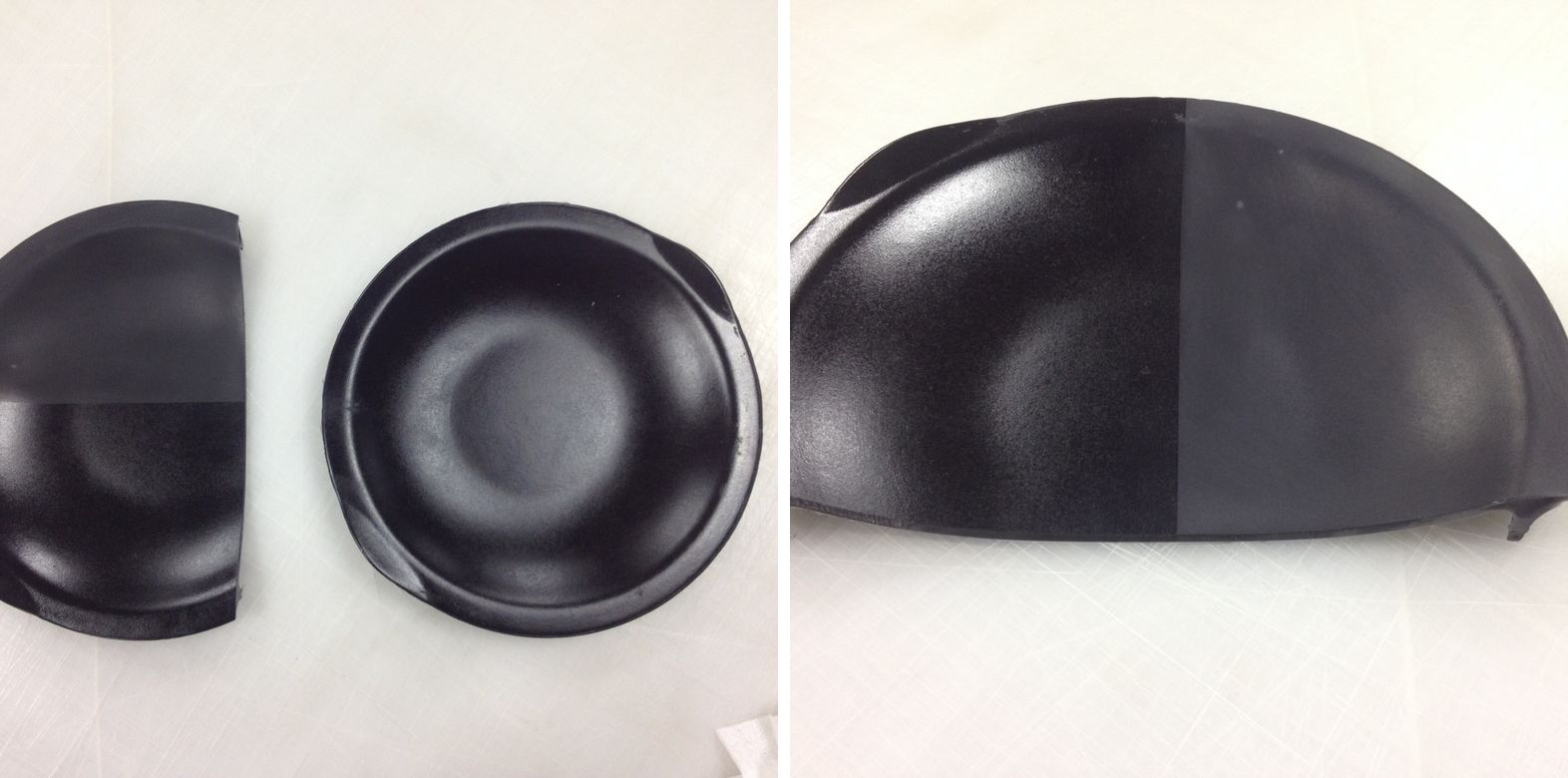 Cast lid prototypes sectioned for finish tests — matte and gloss halves compared