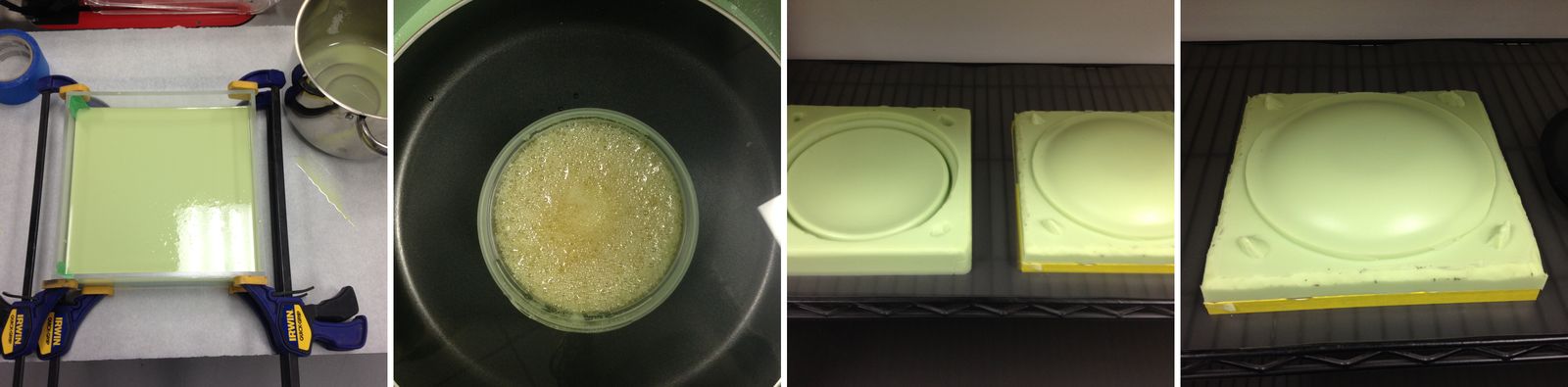 Mold-making sequence — acrylic mold box, vacuum degassing, cured two-part silicone molds, cast lid