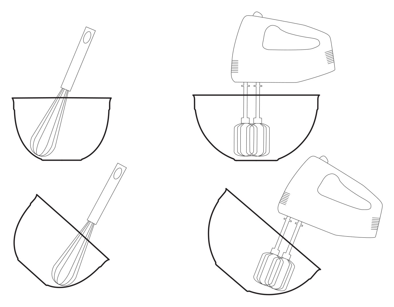 Tool interaction studies — whisk and hand mixer shown upright and tilted in bowl sections