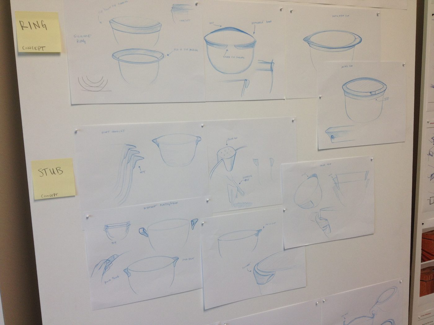 Sketch wall — ring and stub concept threads with tagged sticky notes