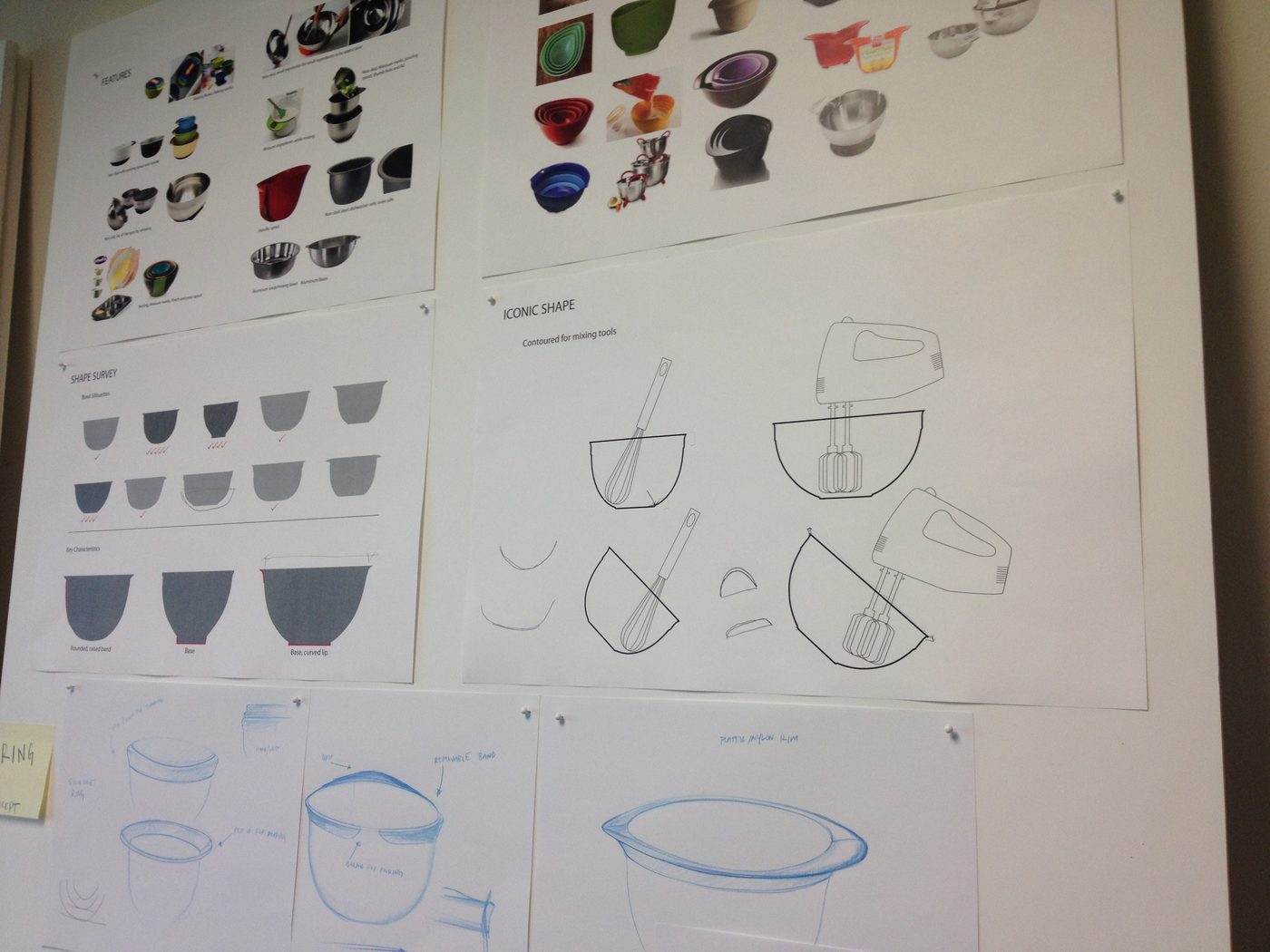 Sketch wall — shape survey and iconic shape studies pinned above concept sketches