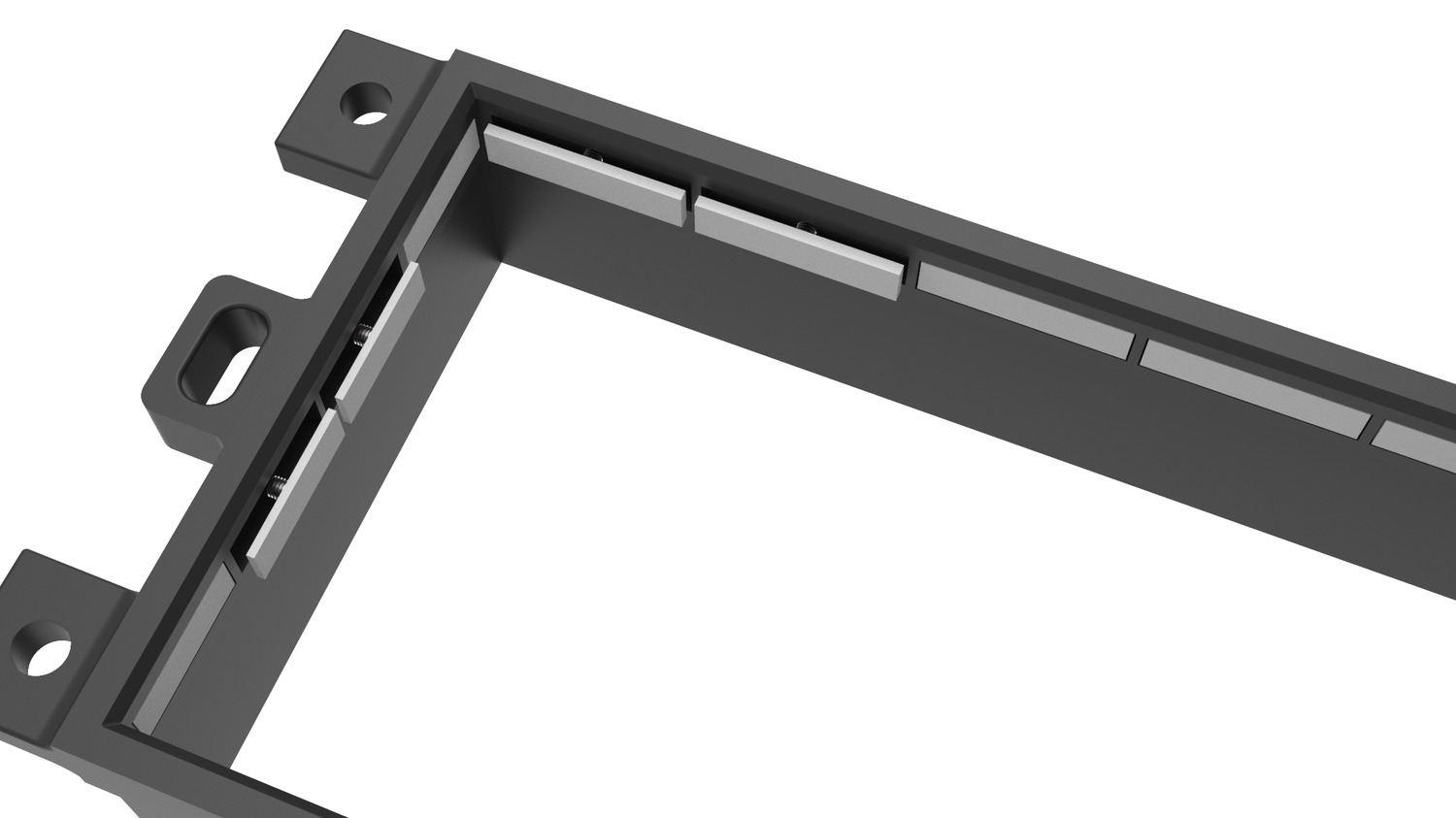 Close-up of the plate frame corner with the brake bars along the inner edge