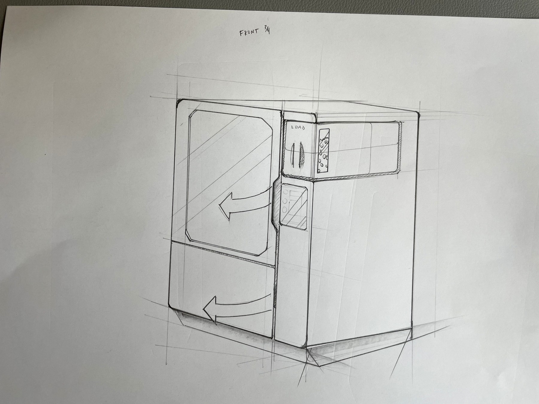 Pencil sketch, three-quarter view of the machine with the load door and screen marked