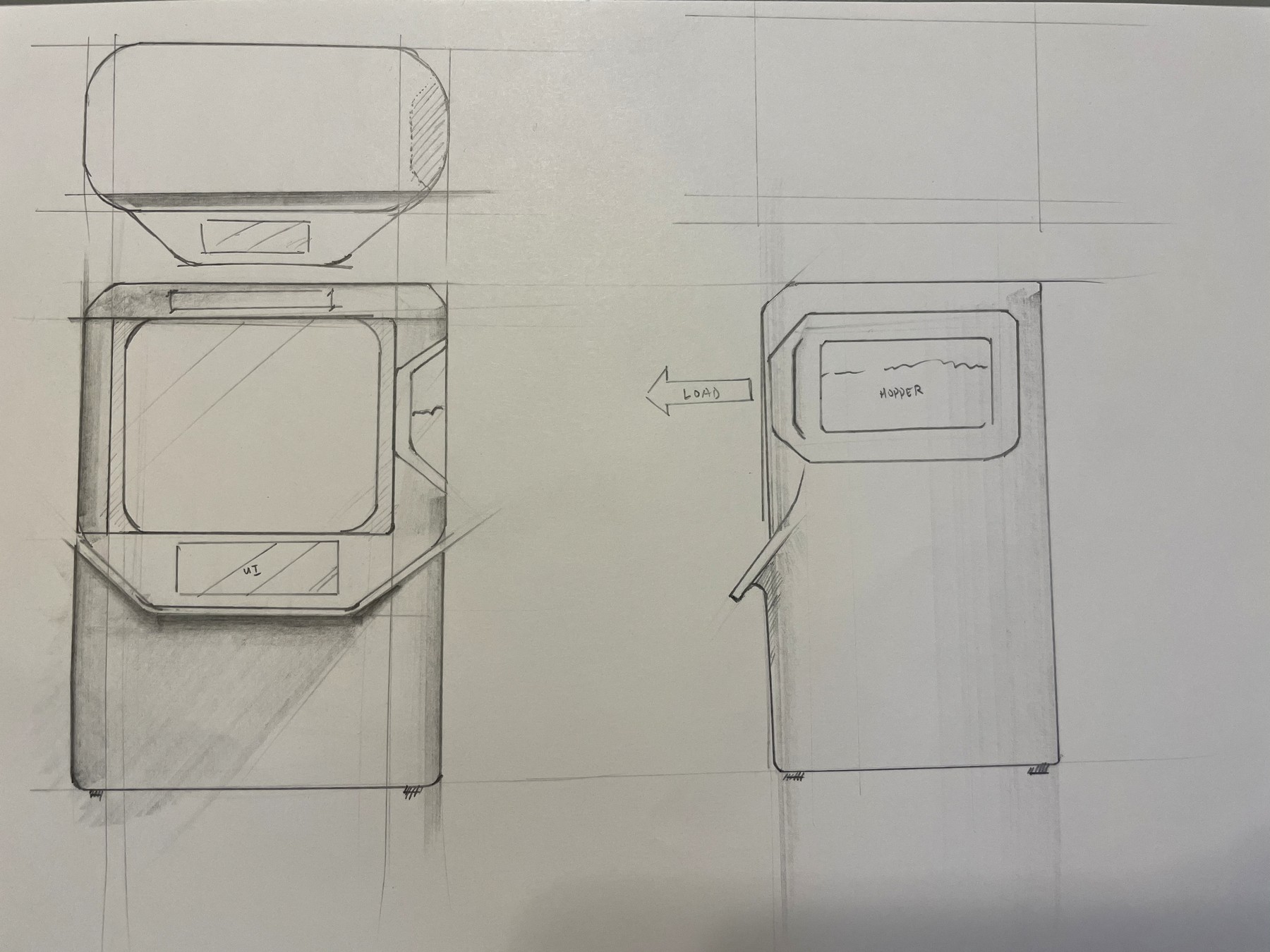 Pencil sketches, front and side views with load and hopper positions called out