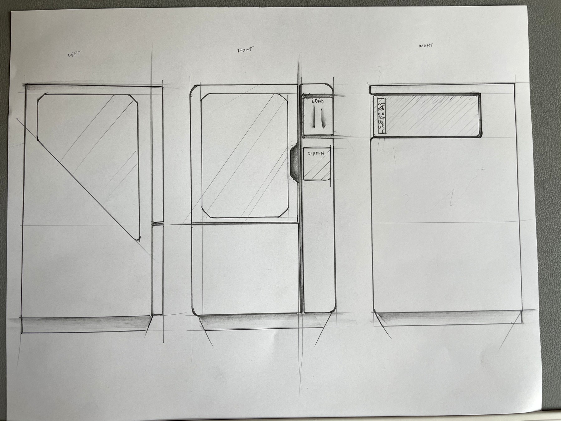 Pencil three-view drawing of the machine, left front and right elevations