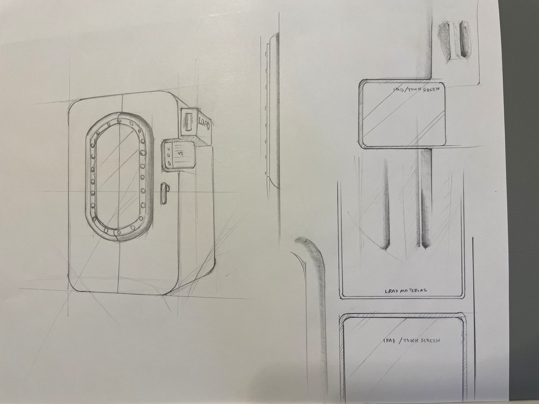 Pencil sketch of the chamber opening with detail studies of the load and touchscreen panels